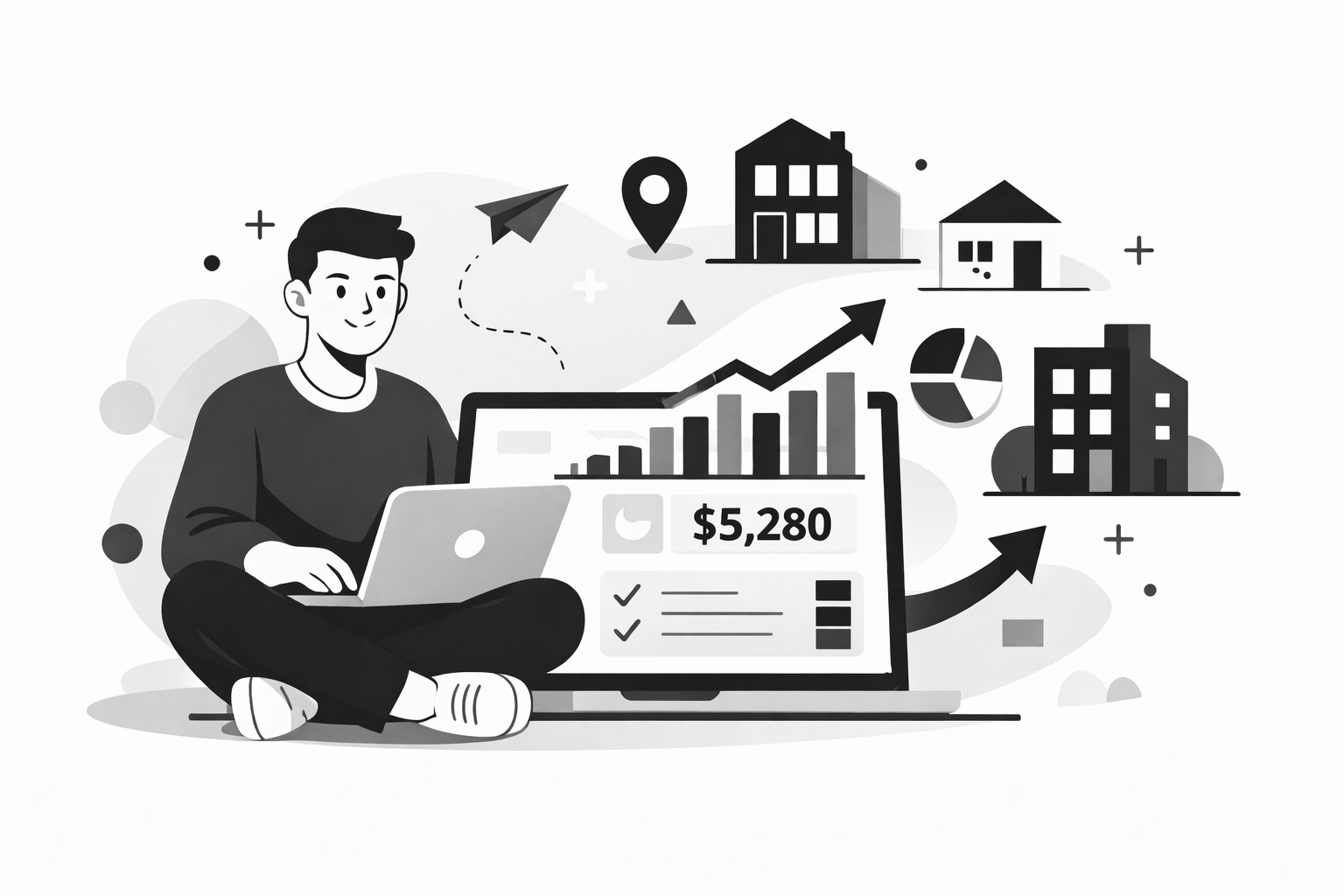 Person working on laptop with financial and real estate elements